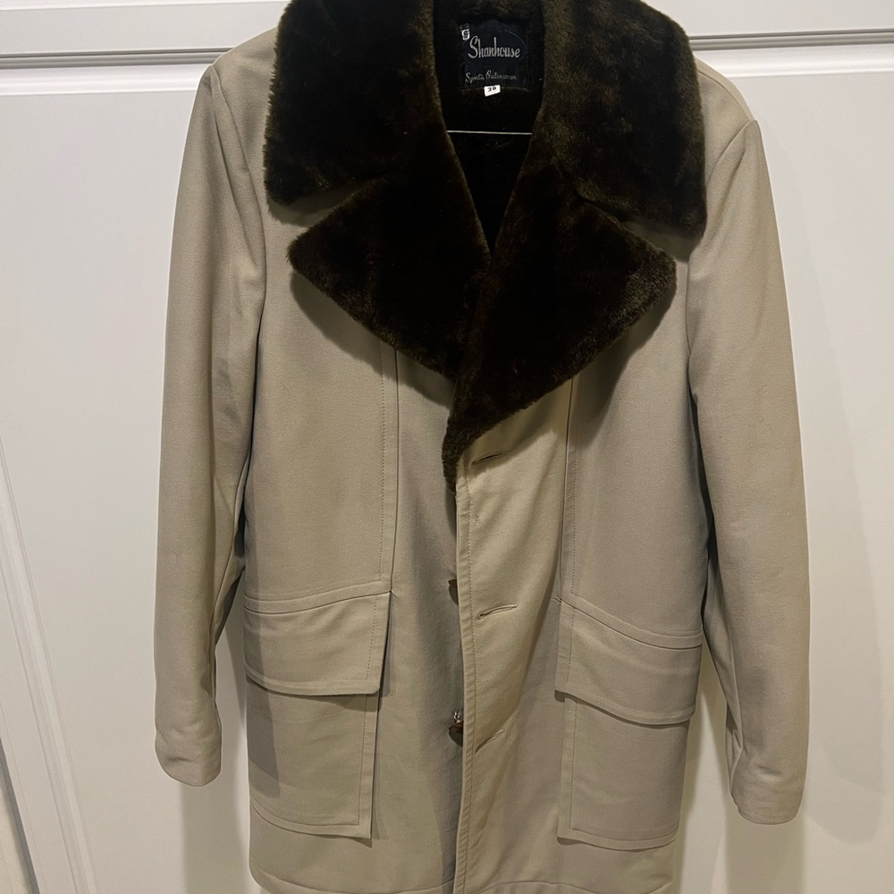 Vintage 60s Shanhouse Mens Polyester Jacket Faux Fur Lined Size 36 Beige